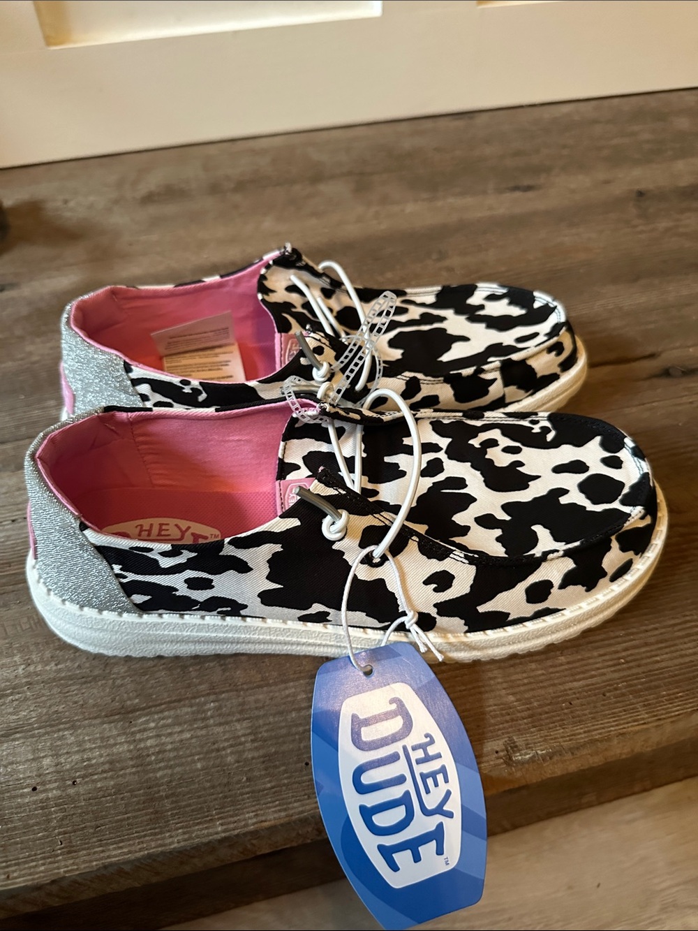 Hey Dude Cow Print Casual Shoes with Pink and glitter